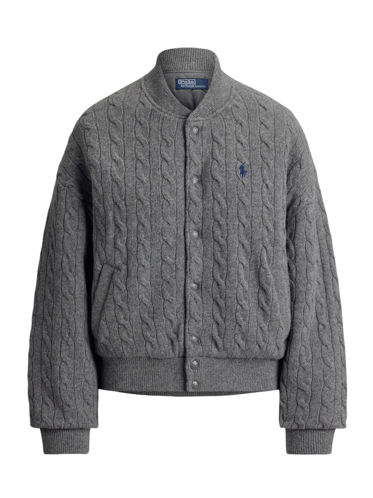 RALPH LAUREN WOMEN Cable-Knit Wool-Cashmere Snapped Jacket Flannel Grey Heather