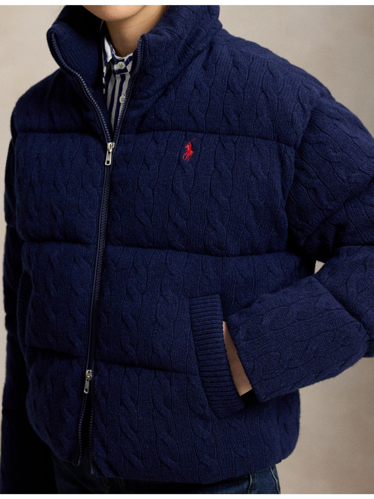 RALPH LAUREN WOMEN Cable Wool-Cashmere Puffer Jacket Spring Navy Heather