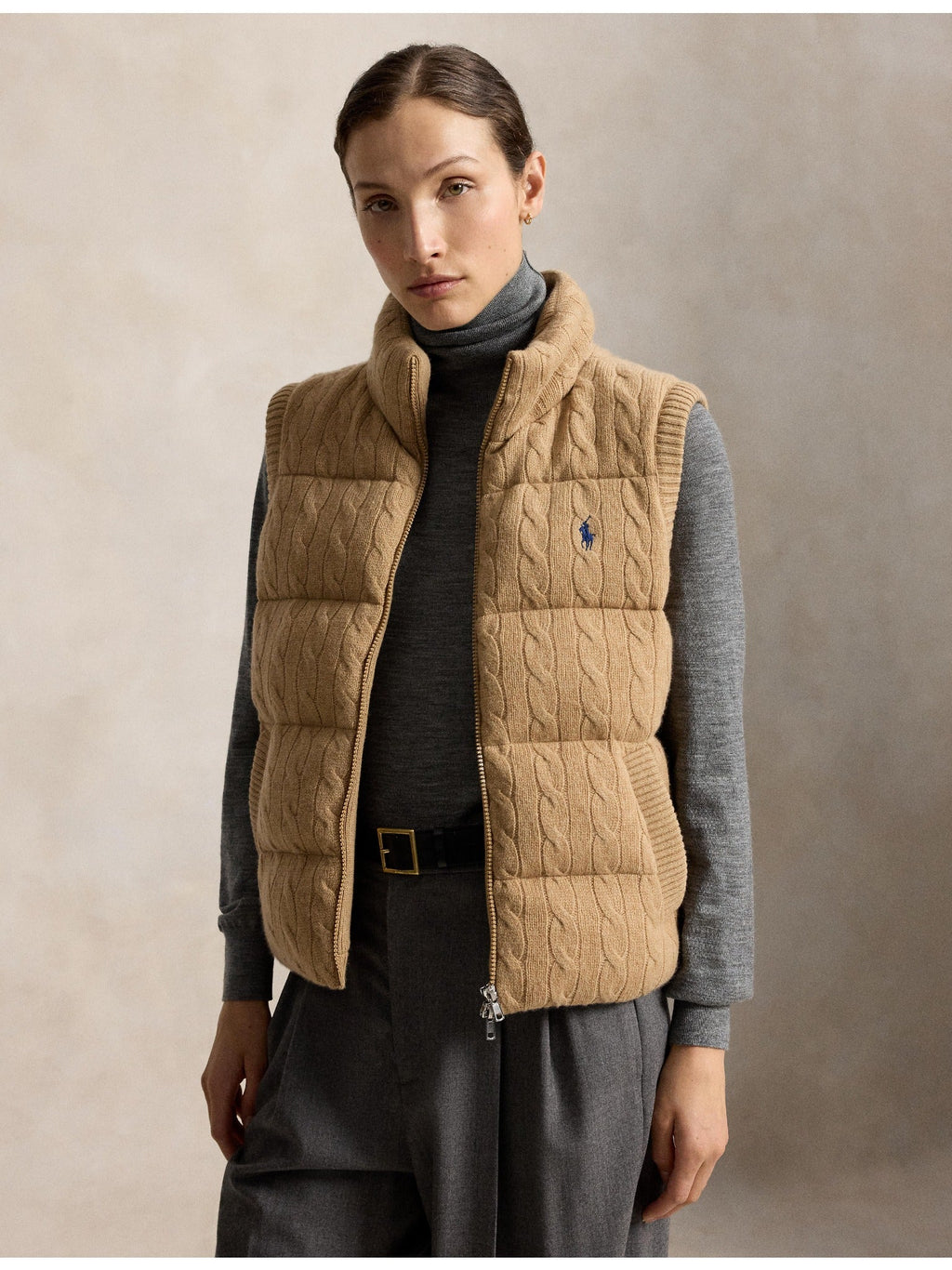RALPH LAUREN WOMEN Cable-Knit Wool-Cashmere Zip Vest Collection Camel Melange