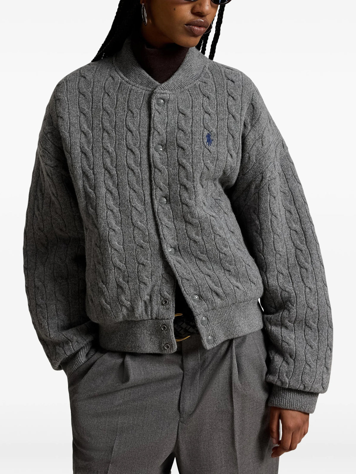RALPH LAUREN WOMEN Cable-Knit Wool-Cashmere Snapped Jacket Flannel Grey Heather