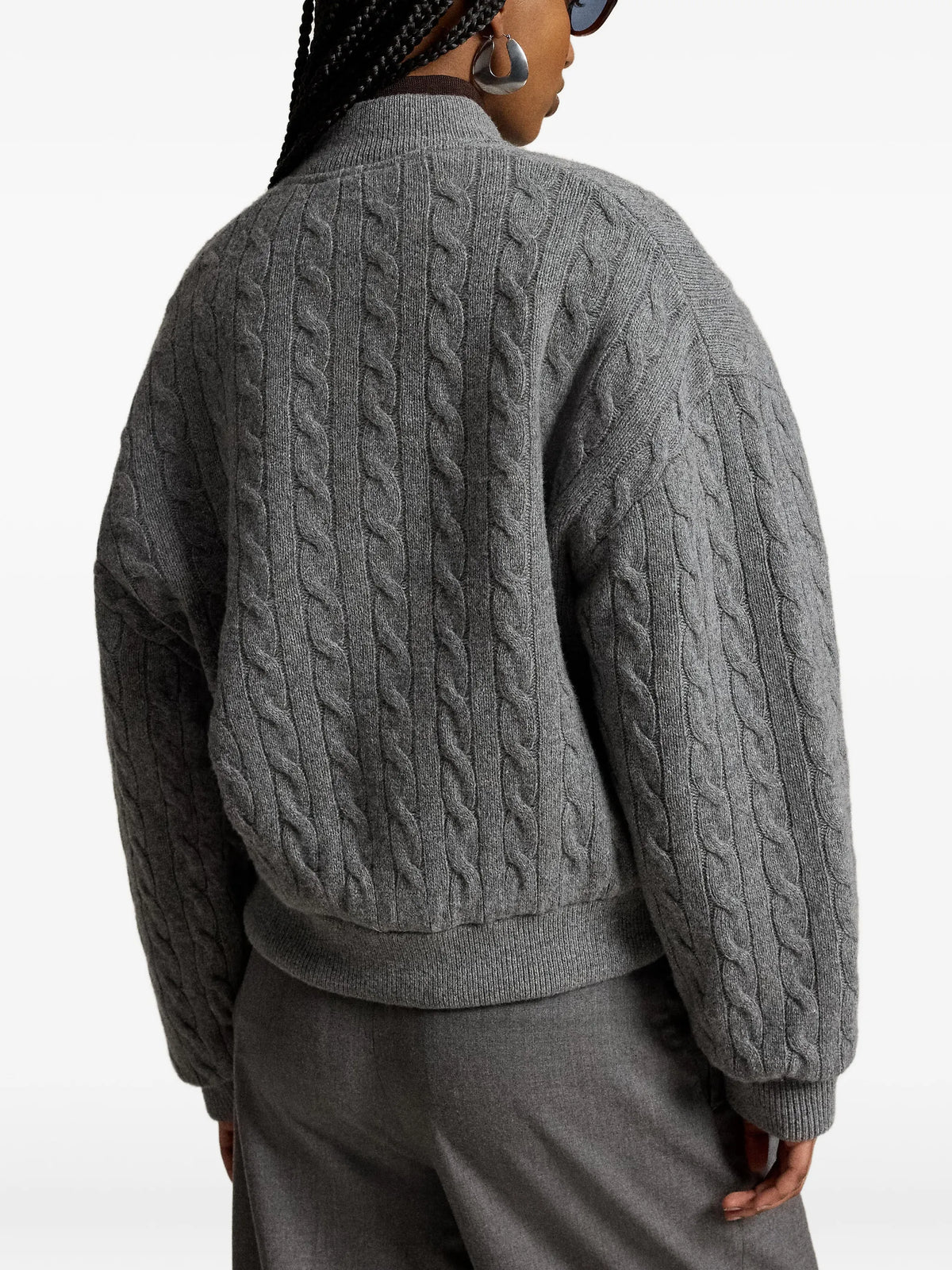 RALPH LAUREN WOMEN Cable-Knit Wool-Cashmere Snapped Jacket Flannel Grey Heather