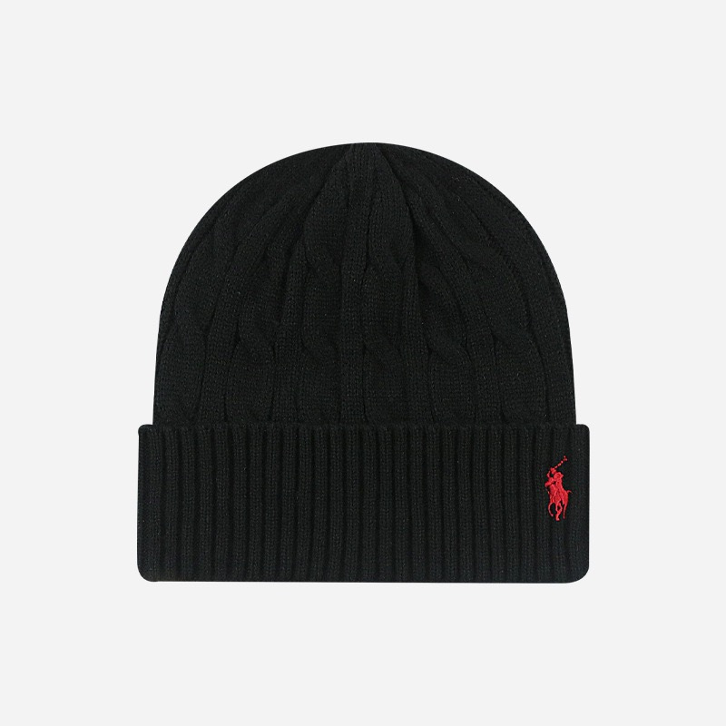 Ralph Lauren Cable Knit Beanie, Black Red Pony