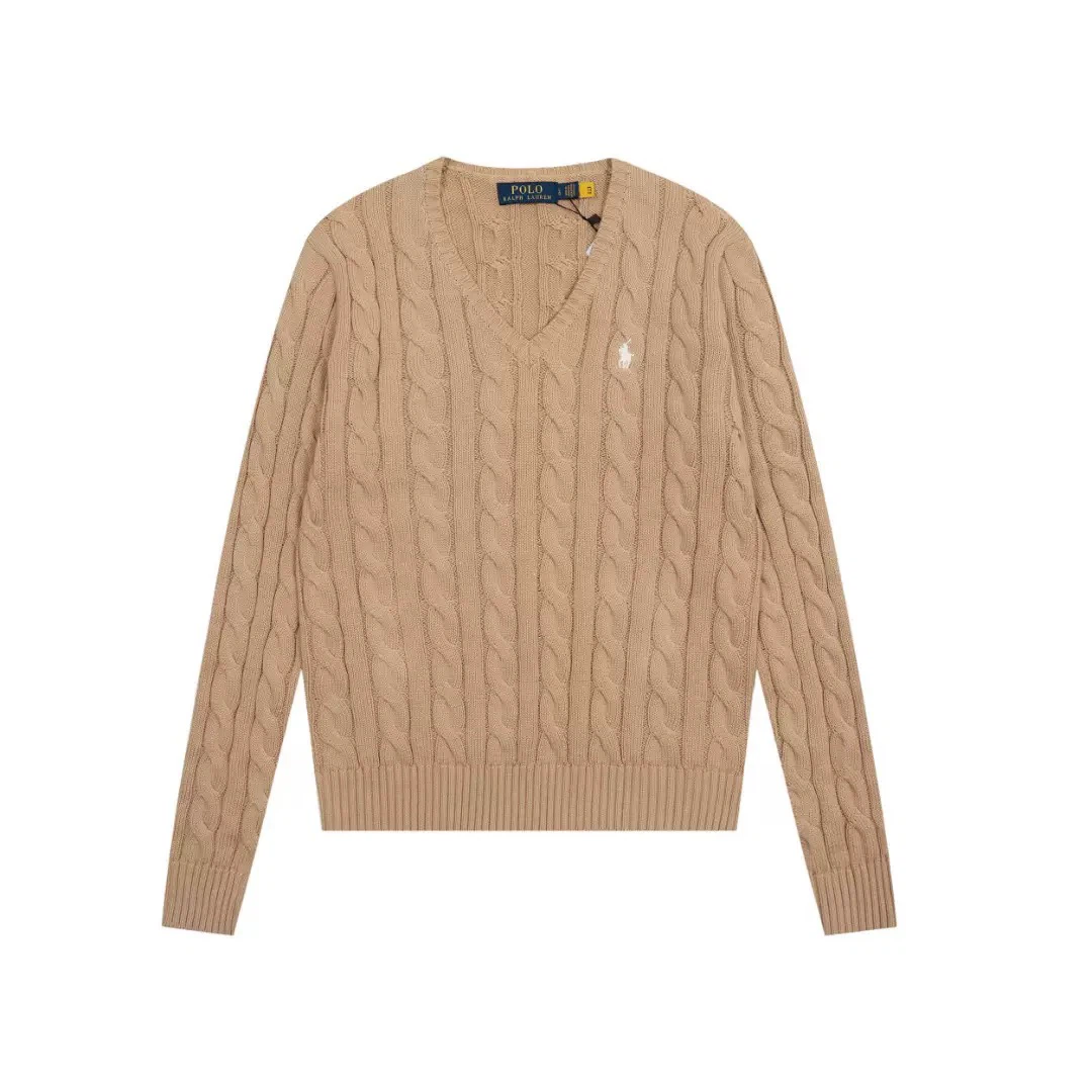 Polo Ralph Lauren Cable Knit V‑Neck Jumper, Khaki Pony Embroidered Women Sweater