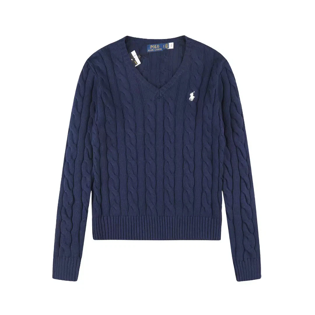 Polo Ralph Lauren Pony Embroidered Cable‑Knit V‑Neck Sweater, Navy Blue Women Jumper