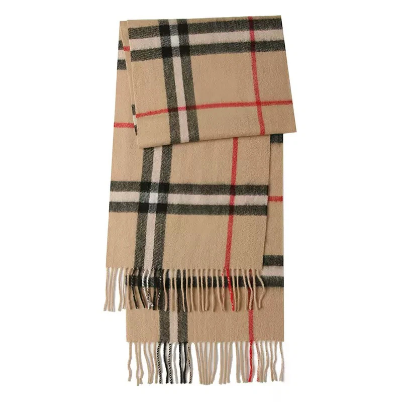 Burberry Unisex Wool Scarf, Classic Check Tassel, Camel