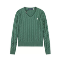 Polo Ralph Lauren Women Cable Knit V‑Neck Jumper, Teal Green White Pony Embroidered Sweater